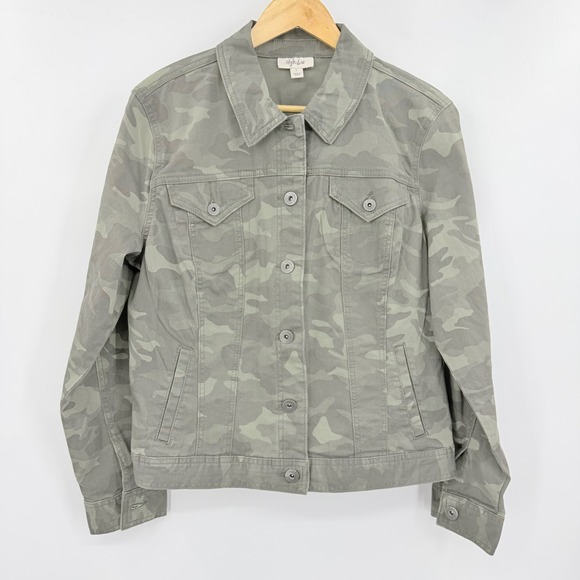 Style & Co Jackets & Blazers - Style & Co Womens Camo Print Denim Jacket Green Camouflage Utility Large NEW